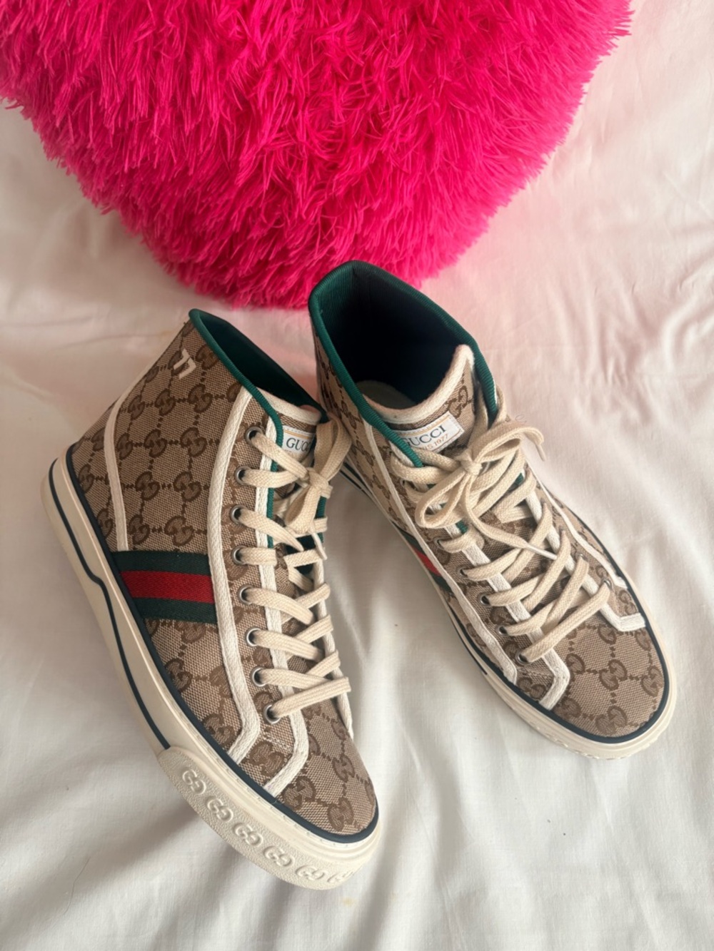 Gucci Women Beige GG Canvas High-Top Sneakers with Green and Red Trim - Picture 5 of 10